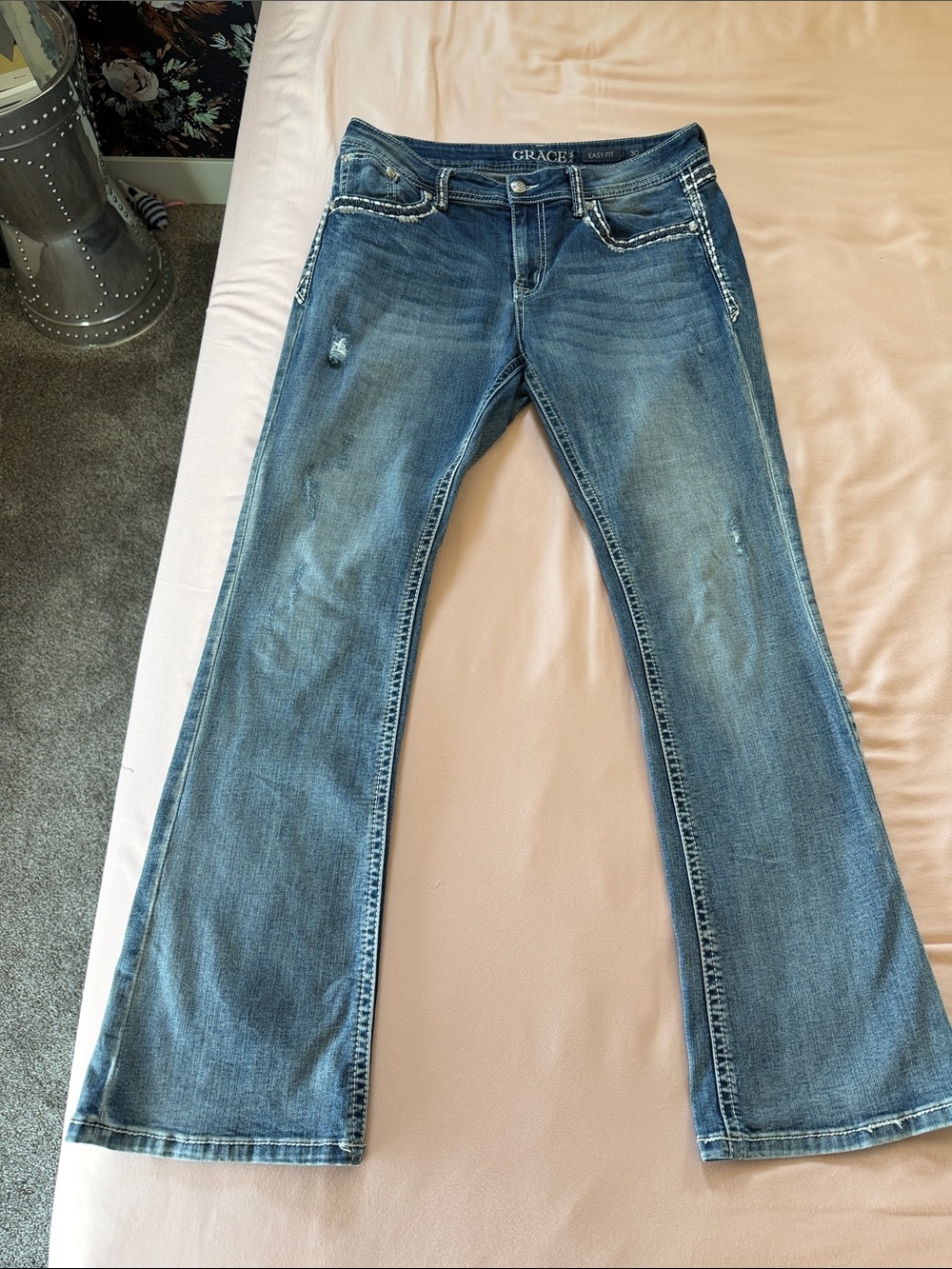 Grace in LA Easy Fit Medium Blue Flared Jeans with Subtle Distressing